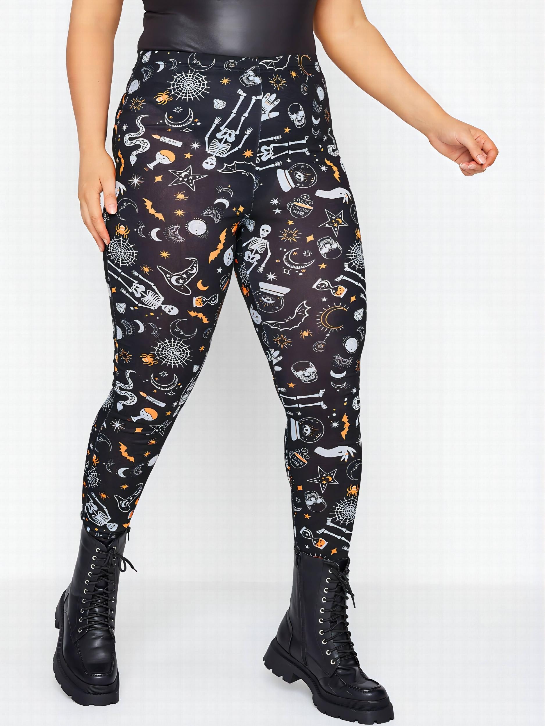 Skull & Bat Print High Rise Sports Leggings for Plus Size Women