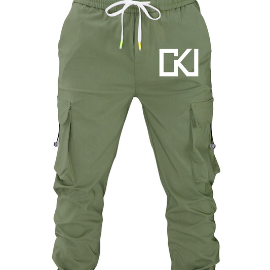 Geometric Pattern Cargo Pants Men Casual Loose Fit Solid Joggers