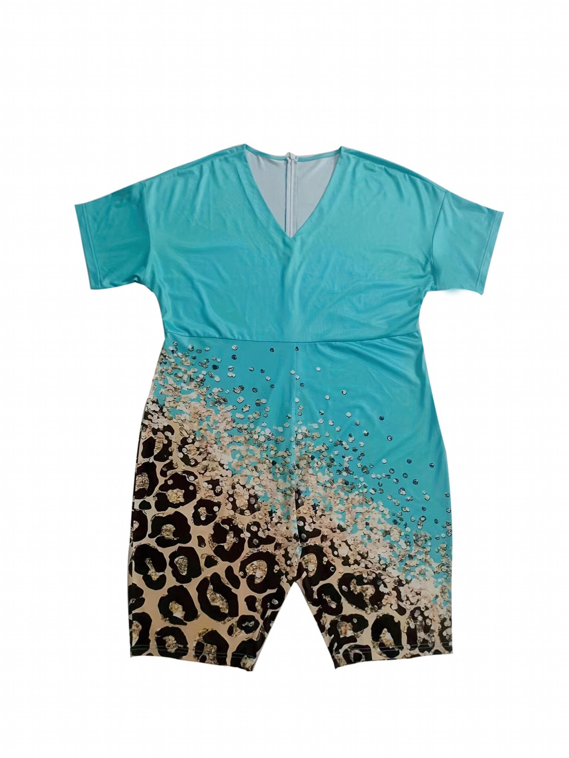 Colorblock Leopard Print V Neck Romper