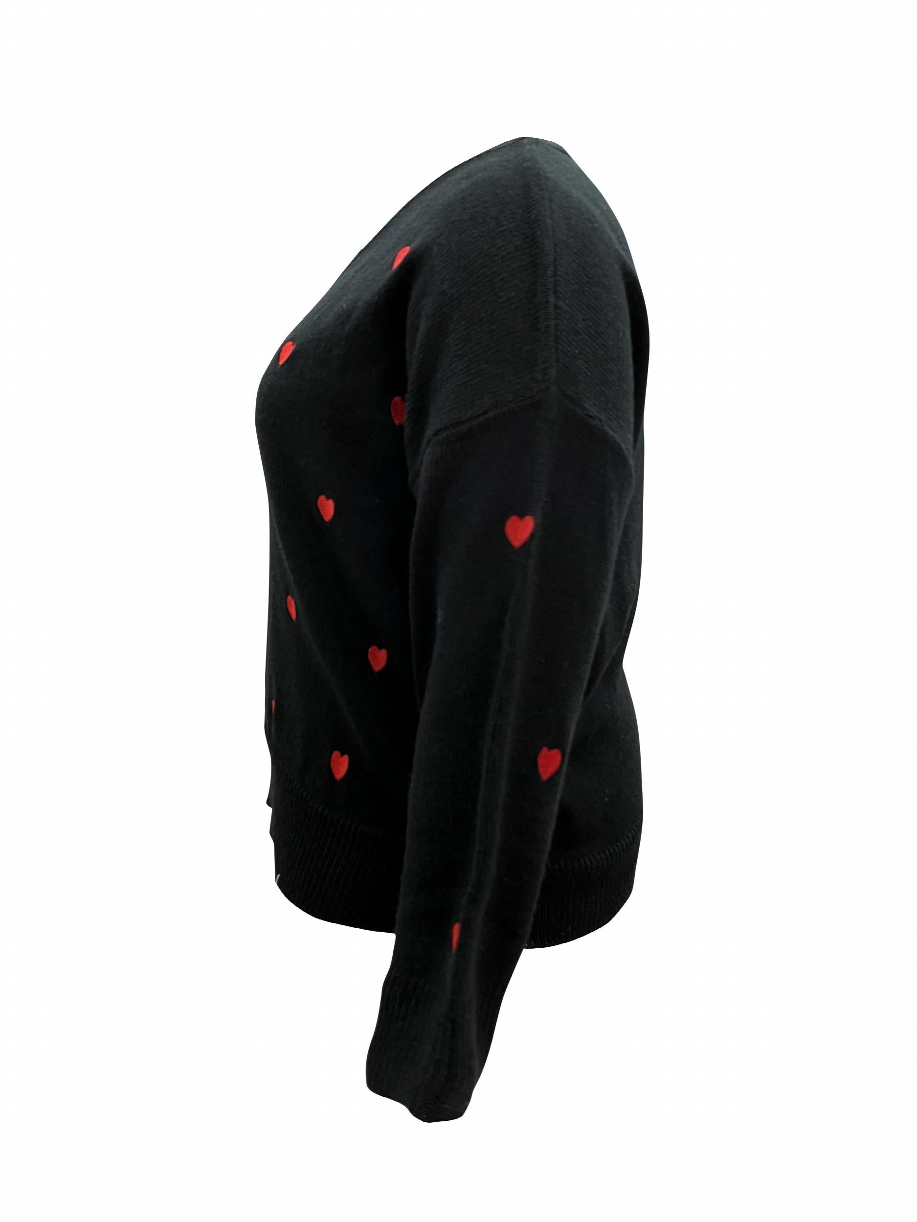 Heart Print Drop Shoulder V Neck Sweater