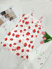 Strawberry Print Pajama Romper Sleeveless Crew Neck