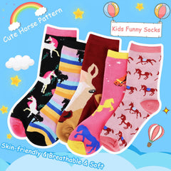 5pairs Girls Kids Funny Crazy Horse Pattern Cartoon Crew Socks