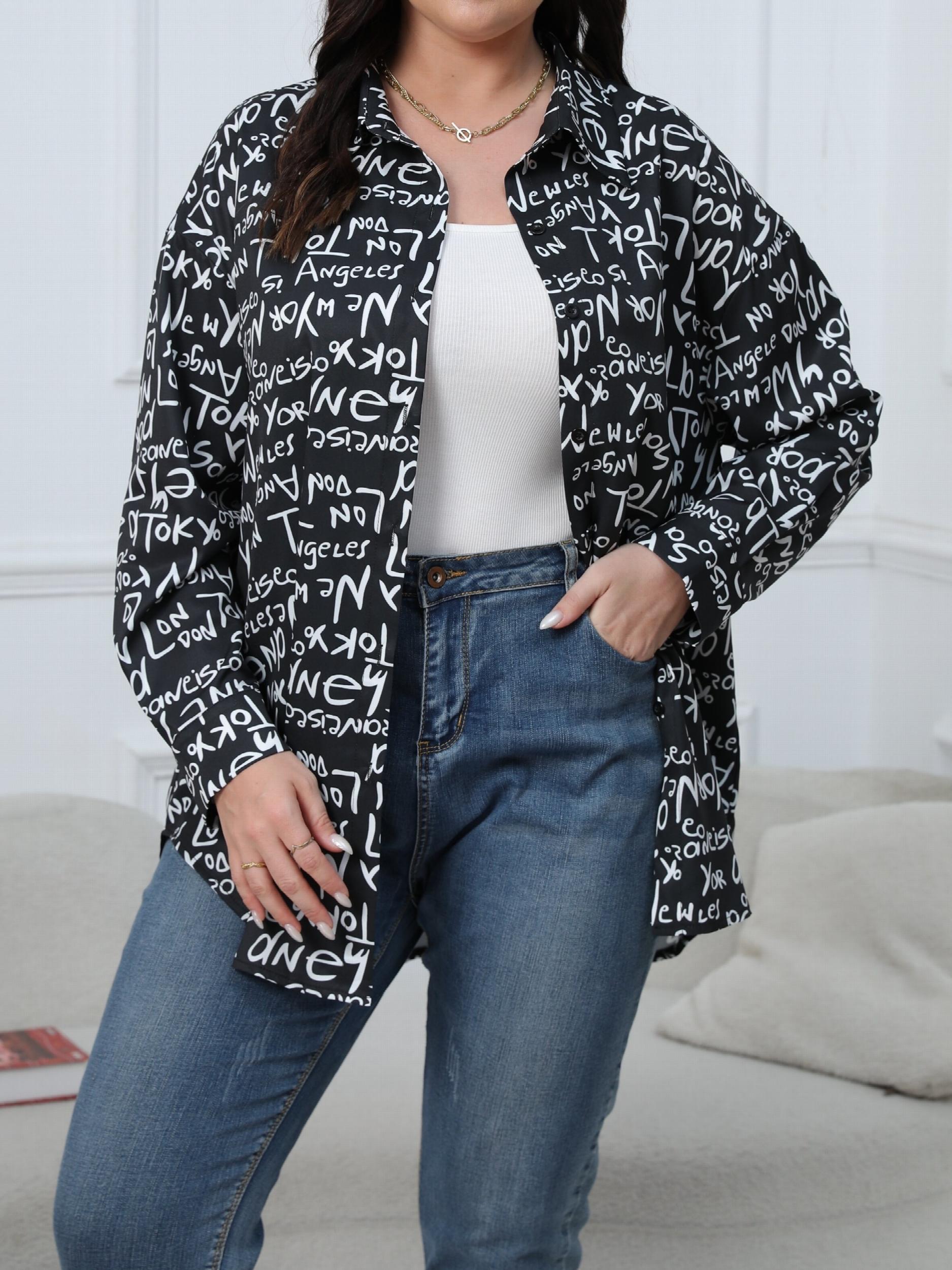Casual Blouse Women's Plus Graffiti Print Long Sleeve Button Up Shirt