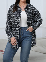 Casual Blouse Women's Plus Graffiti Print Long Sleeve Button Up Shirt