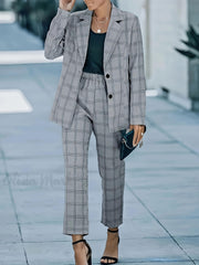 Plaid Print Blazer & Pants Suit Set