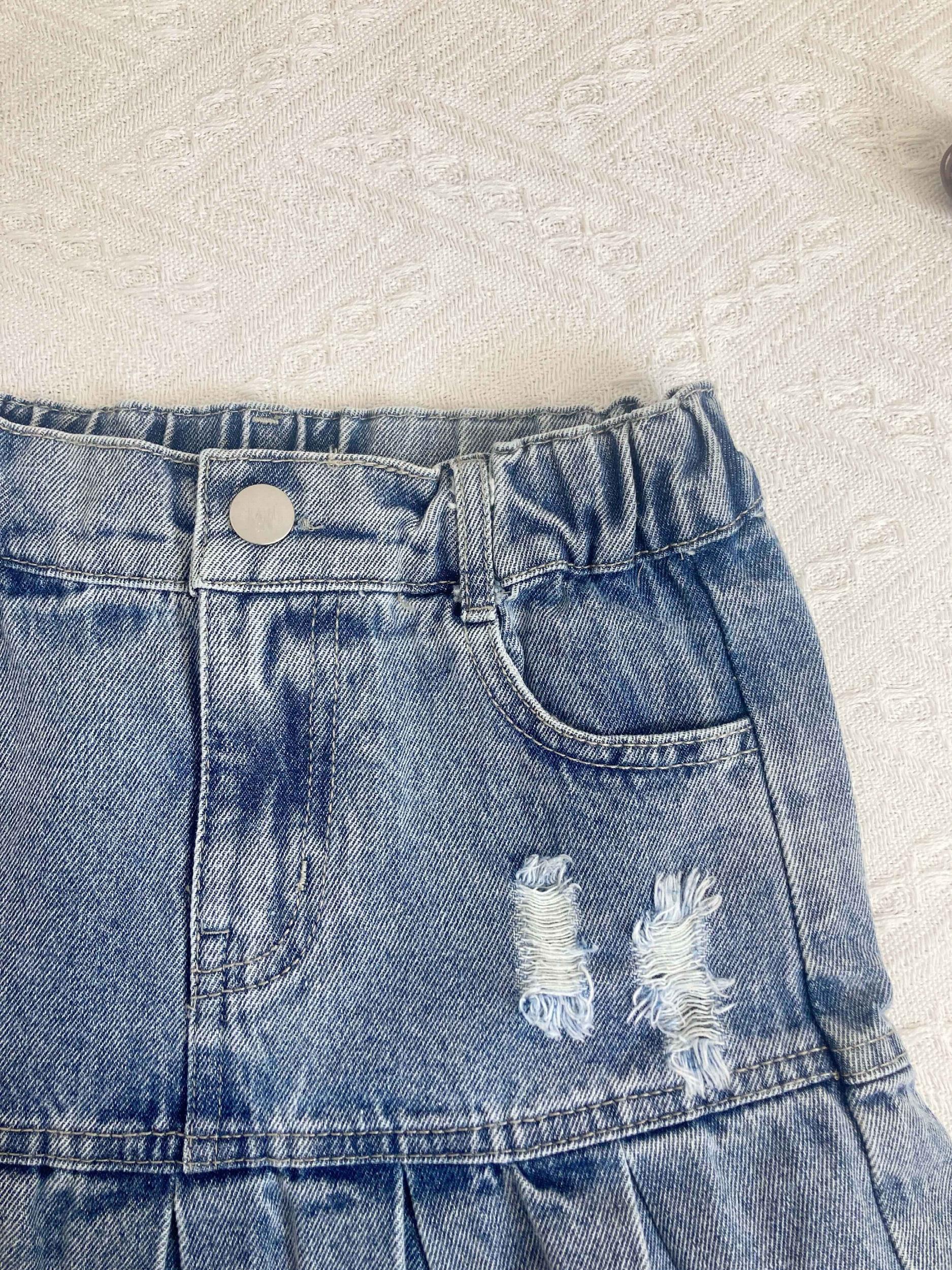 Girls Pleated Elastic Waist Denim Skirt 8-11 Years