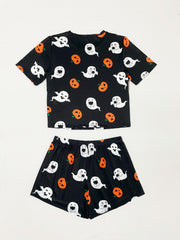Plus Size Halloween Pajama Set Women's Plus Short Sleeve Tee & Shorts Lounge Set
