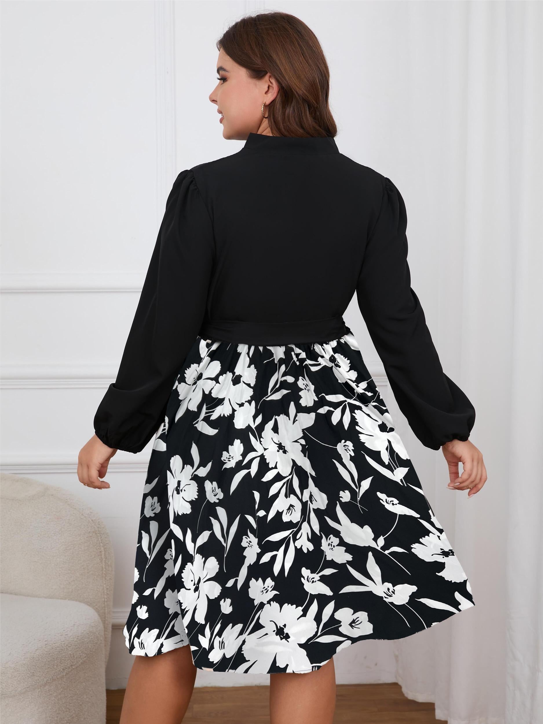 Plus Size Colorblock Abstract Stripe Lantern Sleeve Dress