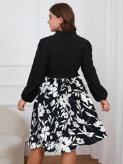 Plus Size Colorblock Abstract Stripe Lantern Sleeve Dress