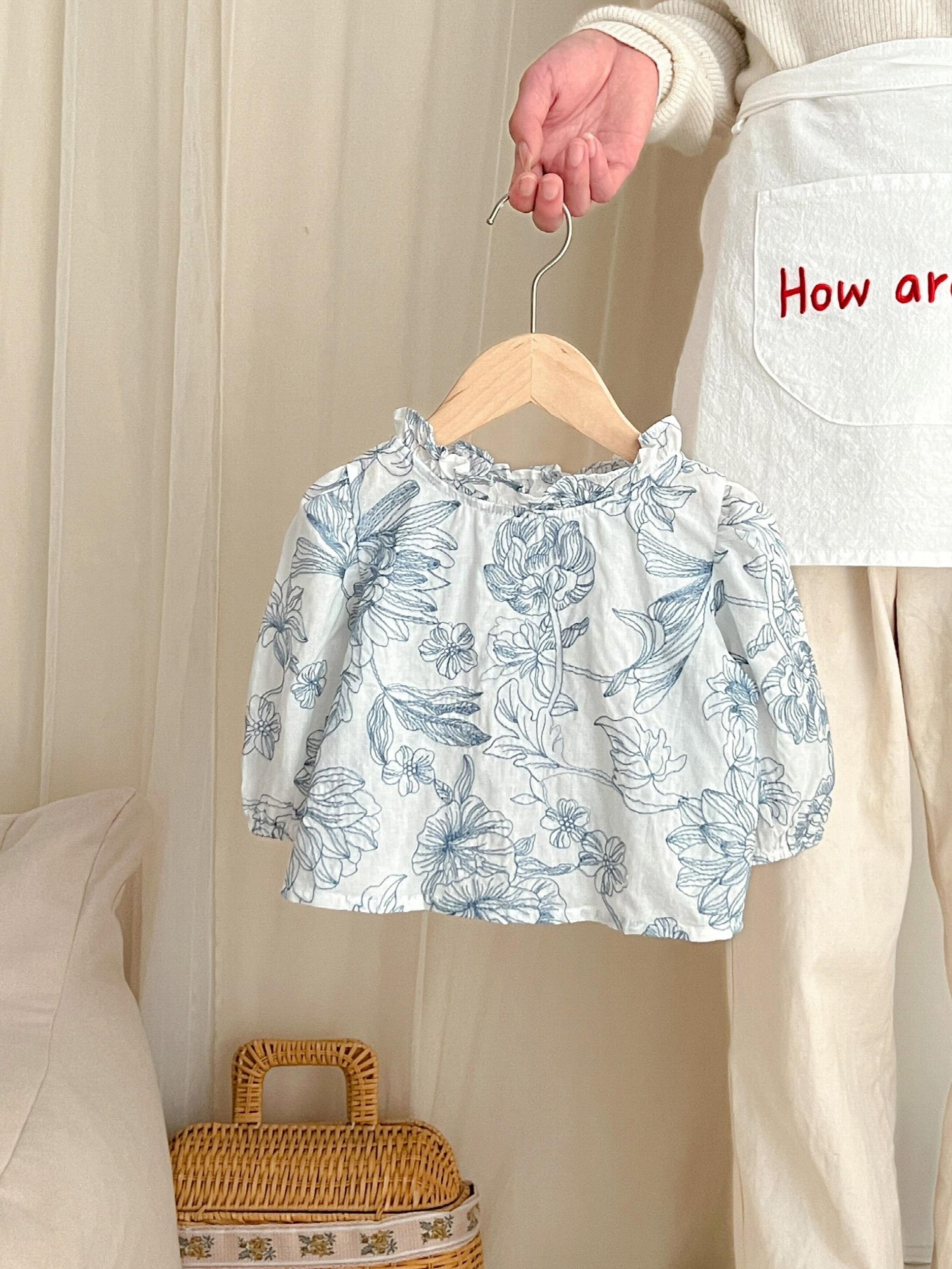 Girls Flowers Print Blouse Baggy Fit Ruffle Neck Shirts Kids Summer Clothes