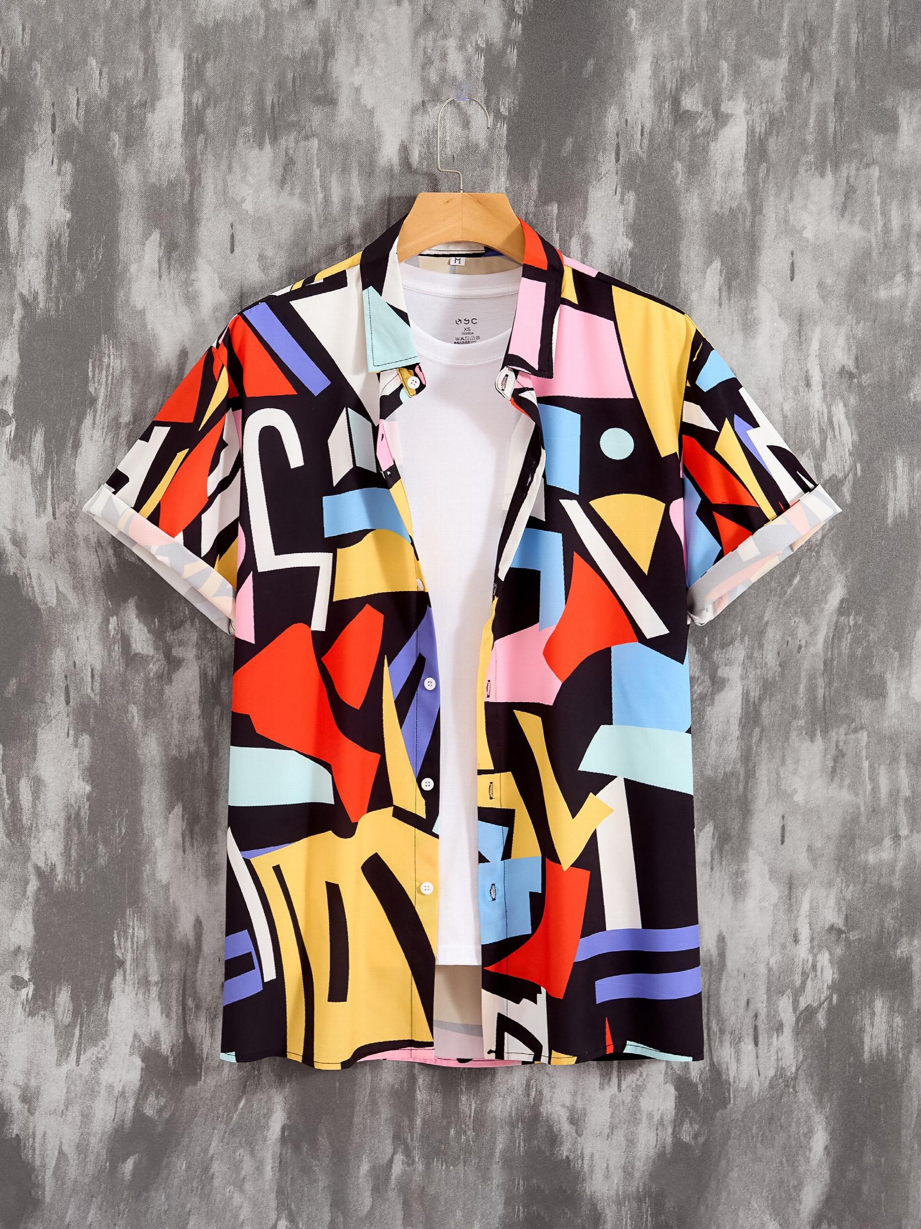 Men's Geometric Pattern Short Sleeve Hawaiian Shirt for Summer Beach Vacation