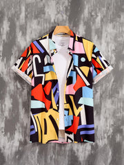 Men's Geometric Pattern Short Sleeve Hawaiian Shirt for Summer Beach Vacation