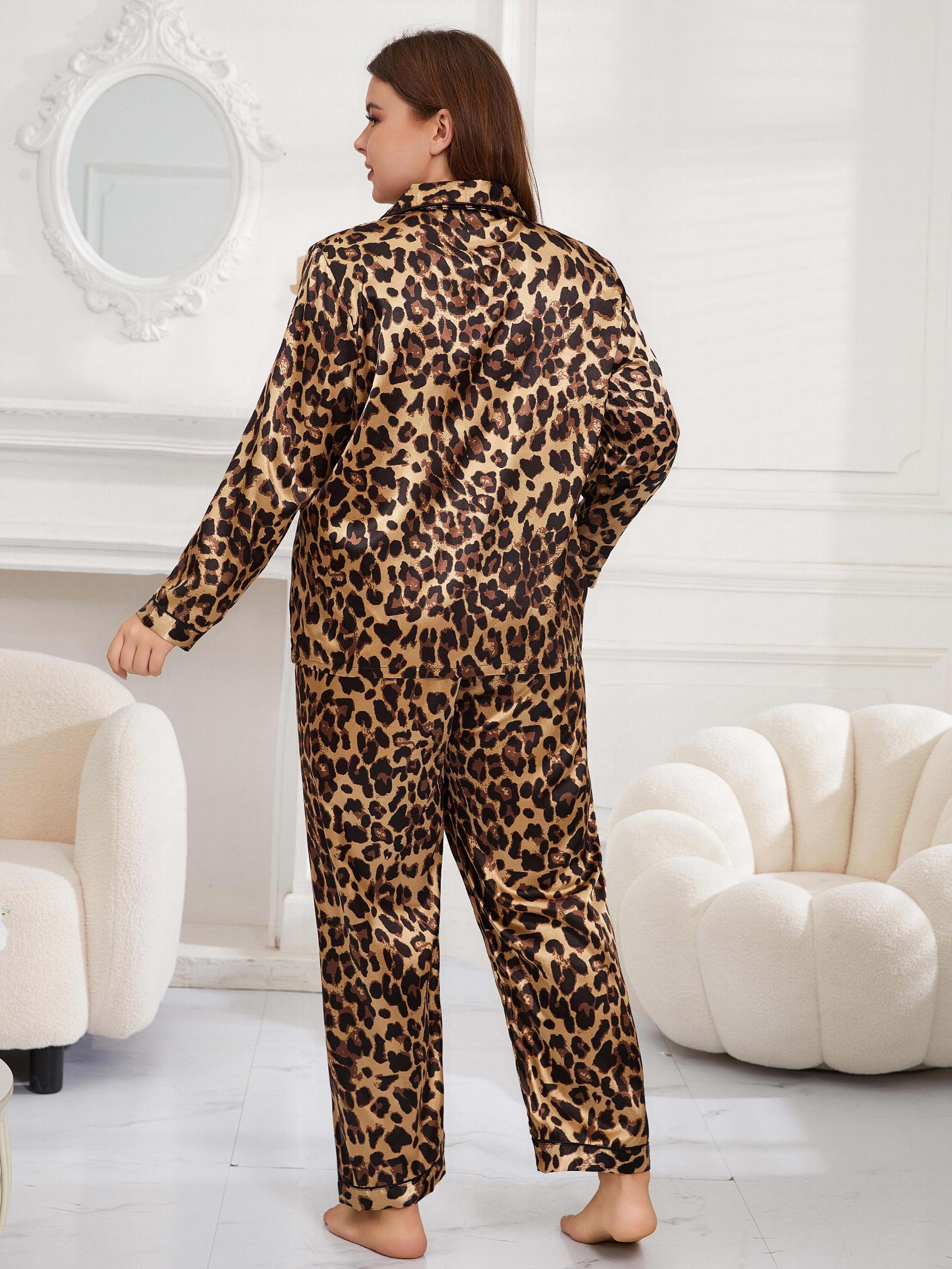 Leopard Print Pajamas Set Women's 2 Piece Lounge Silk Satin