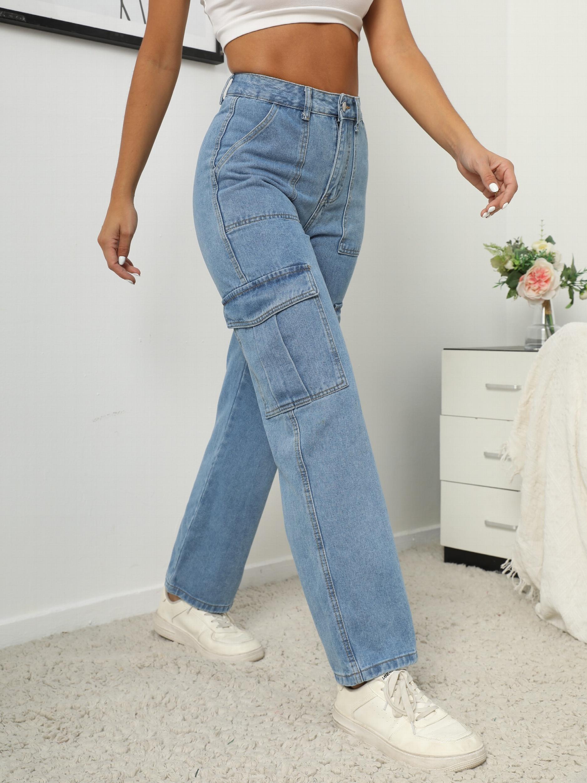 High Waist Flap Pockets Cargo Pants Loose Fitting Straight Legs Denim Pants