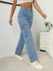 High Waist Flap Pockets Cargo Pants Loose Fitting Straight Legs Denim Pants