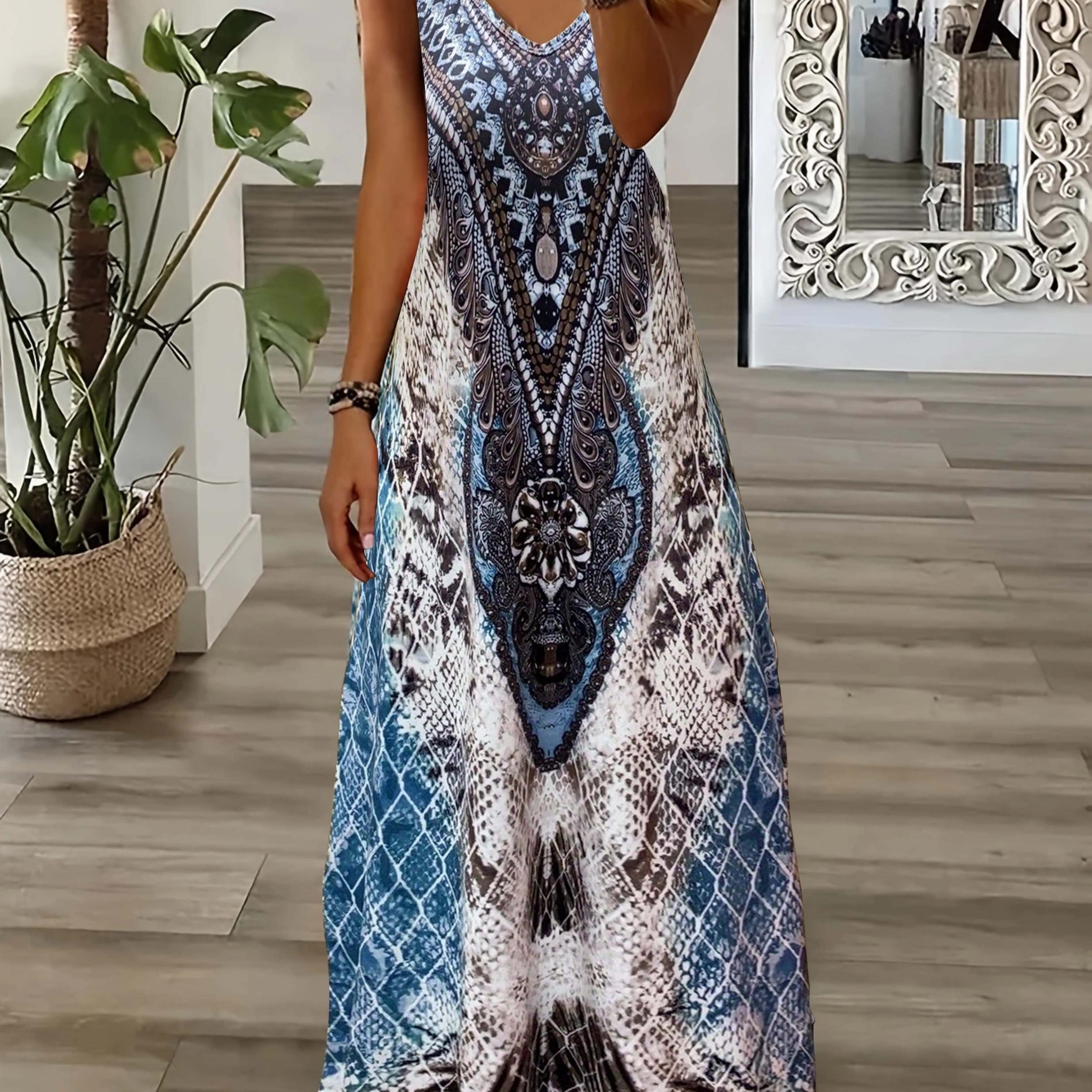 Paisley & Snake Print V-Neck Maxi Dress