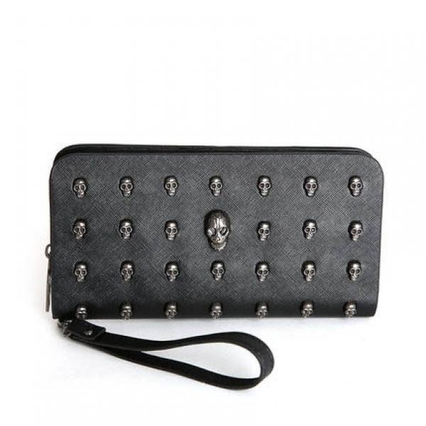 Skull Rivet Wristlet Wallet Long Zip Handbag for Women