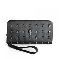 Skull Rivet Wristlet Wallet Long Zip Handbag for Women