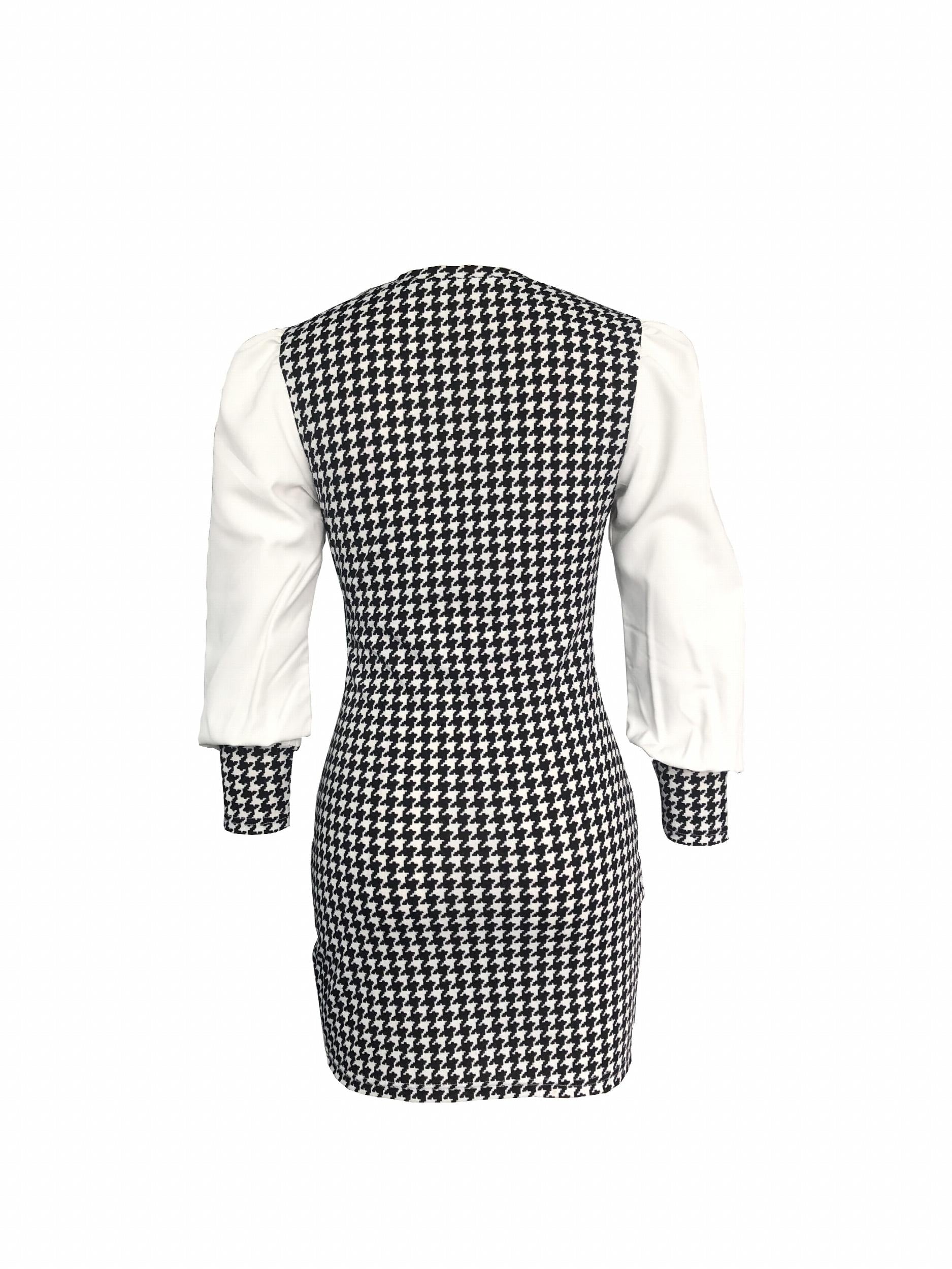 Houndstooth Print Bodycon Long Sleeve Dress