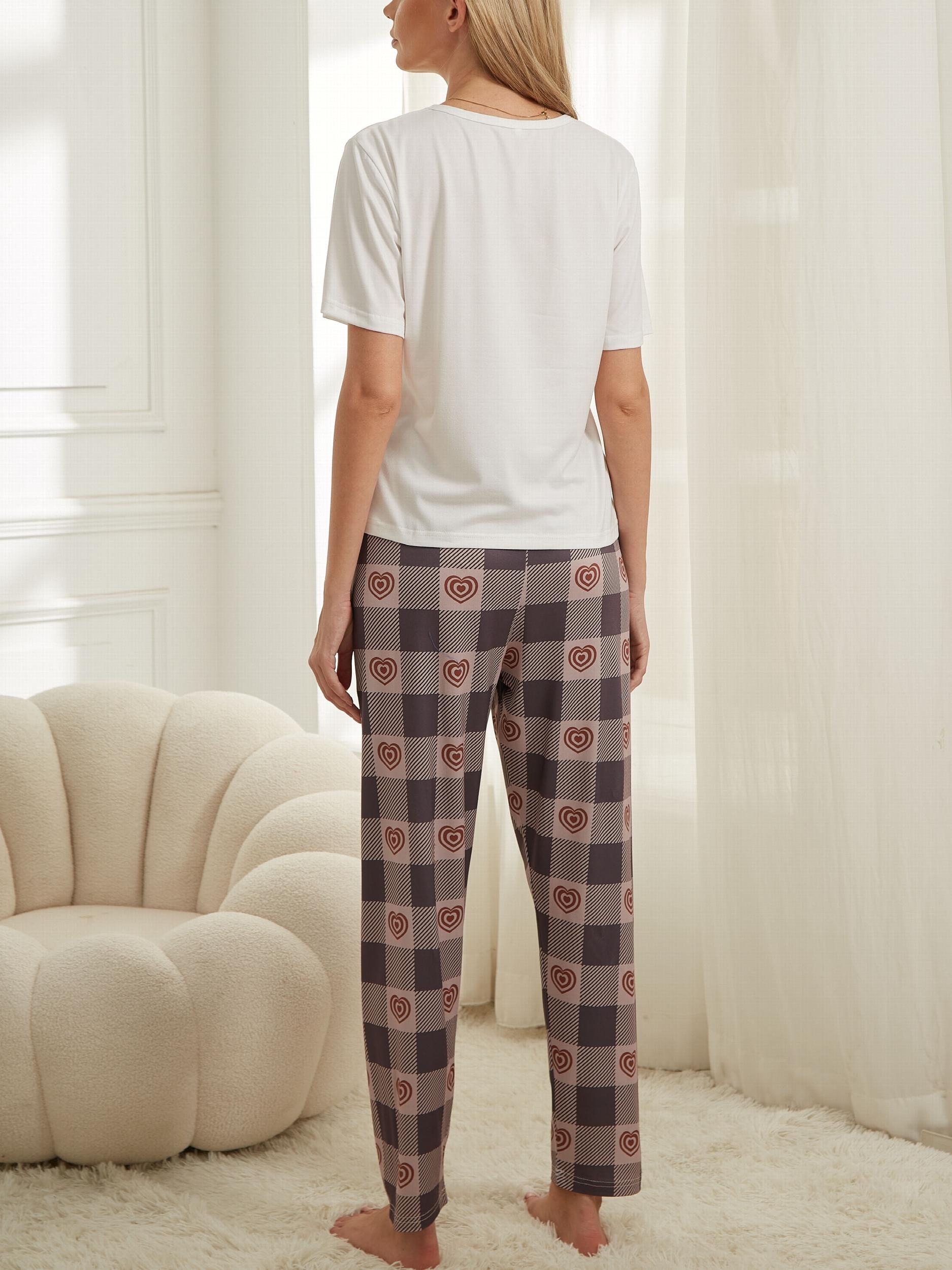 Heart Print Pajama Set Top & Plaid Pants Sleepwear Loungewear