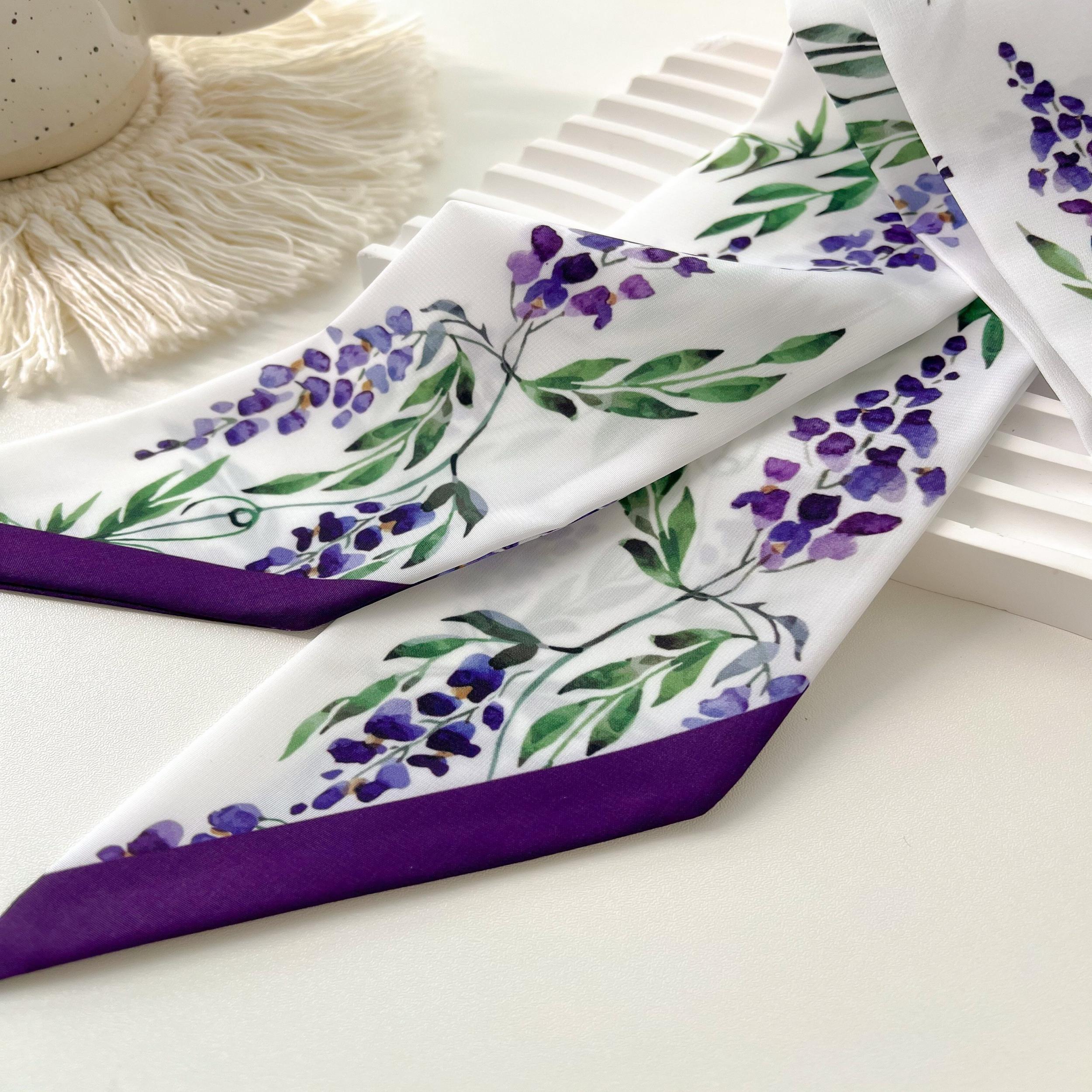 Purple Flower Print Skinny Scarf Silky Long Ribbon Neckerchief Satin