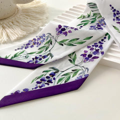 Purple Flower Print Skinny Scarf Silky Long Ribbon Neckerchief Satin