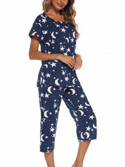 Star Print Pajama Set Short Sleeve Round Neck Top & Elastic Waistband