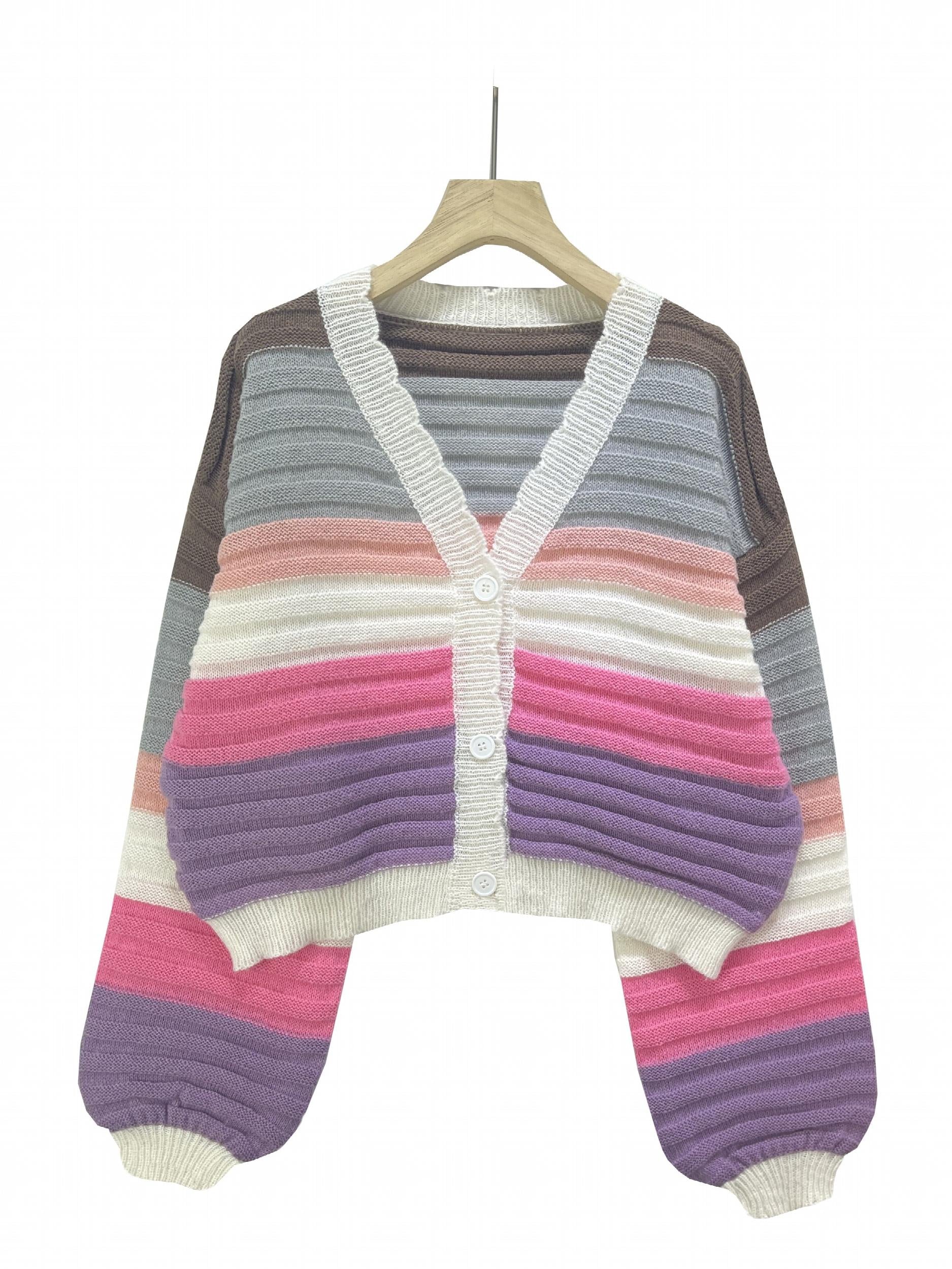 Striped Button Up Scallop Trim Cardigan Casual Long Sleeve Sweater