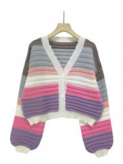 Striped Button Up Scallop Trim Cardigan Casual Long Sleeve Sweater