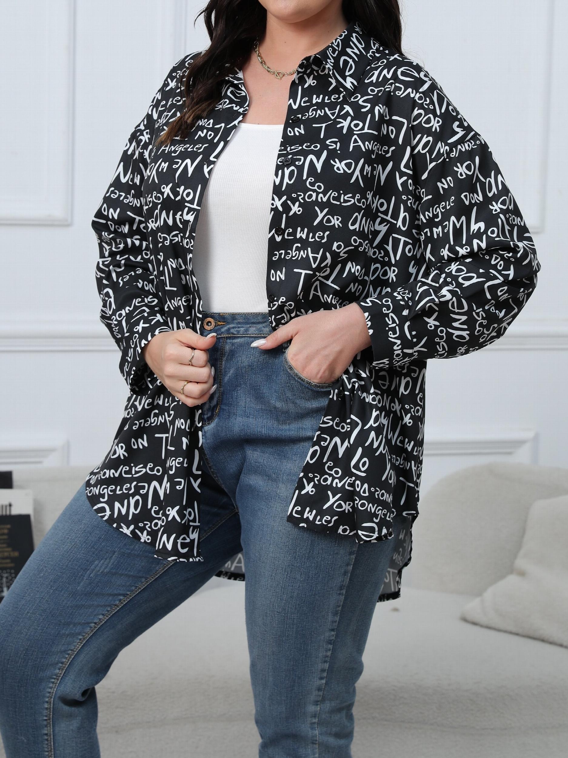Casual Blouse Women's Plus Graffiti Print Long Sleeve Button Up Shirt