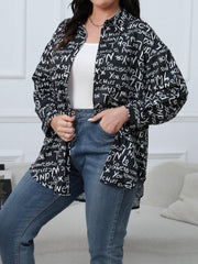 Casual Blouse Women's Plus Graffiti Print Long Sleeve Button Up Shirt