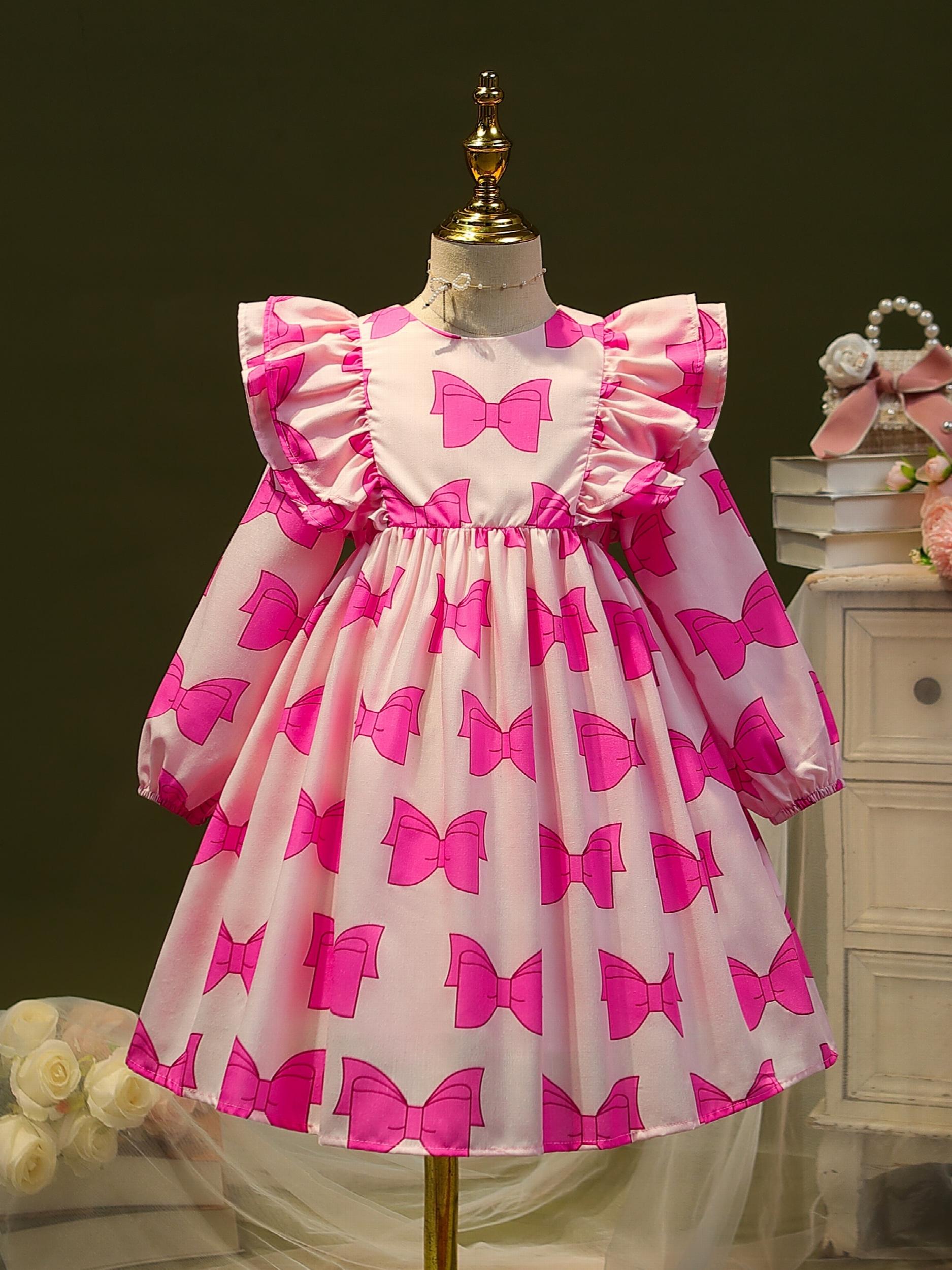 Sweet Bow Allover Princess Dress For Kid Girls Ruffle Trims Casual Dresses
