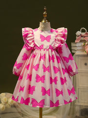Sweet Bow Allover Princess Dress For Kid Girls Ruffle Trims Casual Dresses