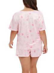 Plus Size Heart Print Pajama Set Short Sleeve Round Neck Top & Shorts