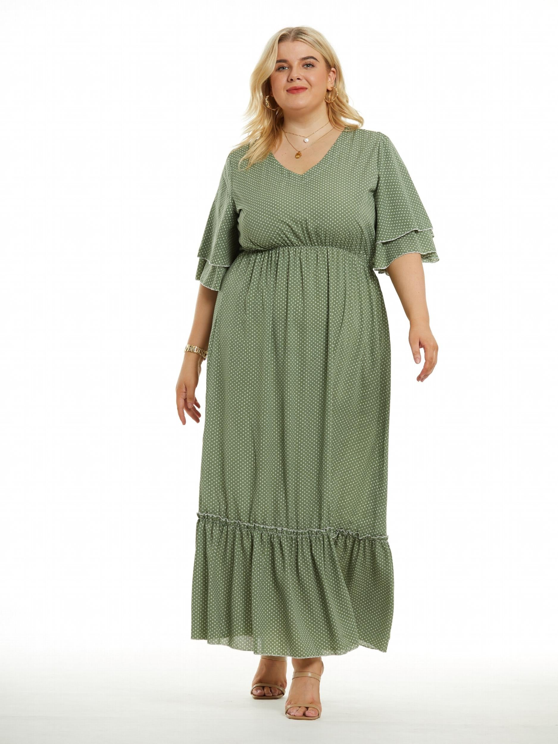 Dot Print Layered Bell Sleeve Maxi Dress