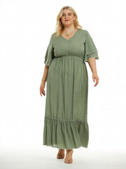 Dot Print Layered Bell Sleeve Maxi Dress