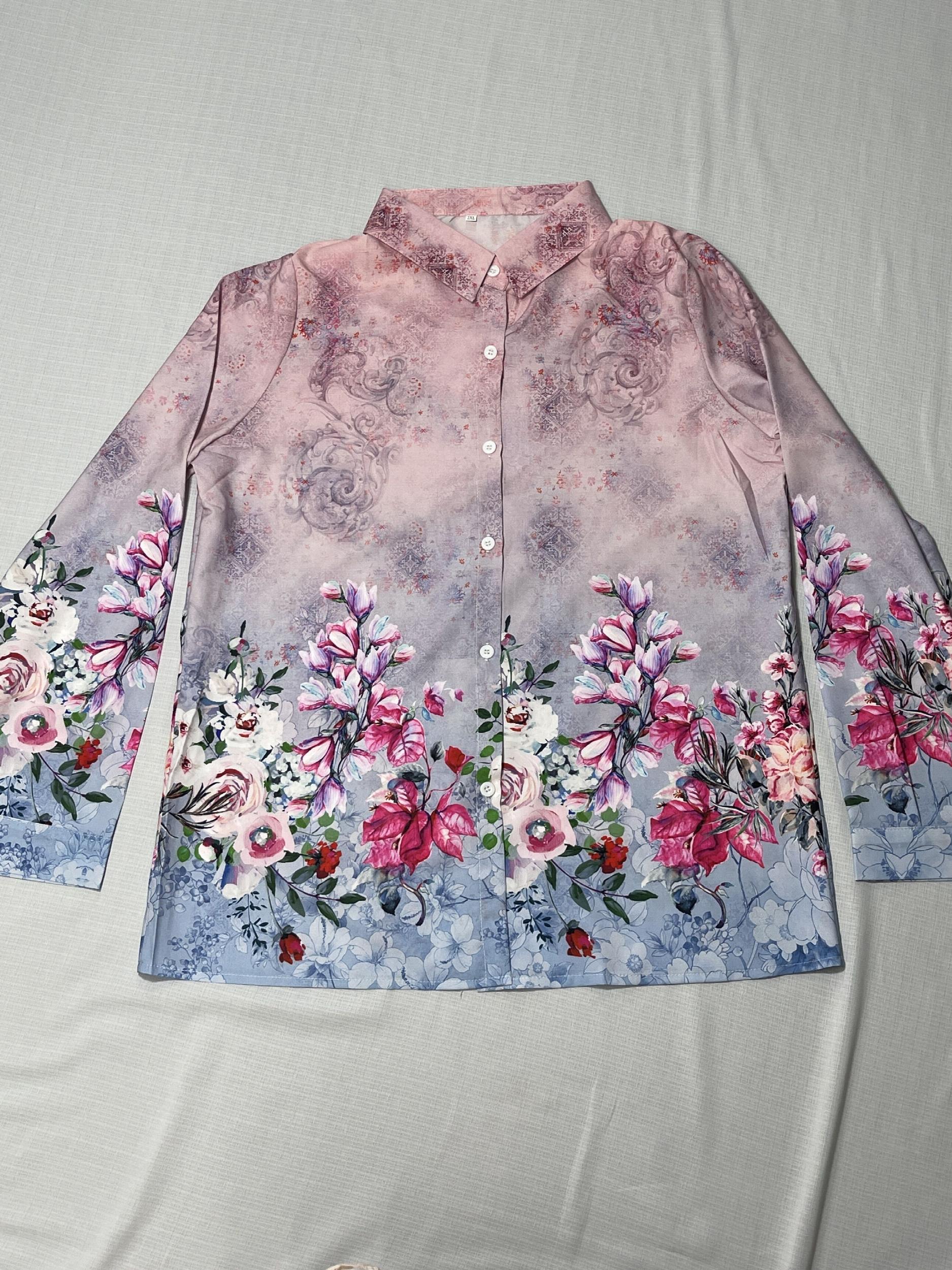 Women's Plus Floral Print Button Up Long Sleeve Blouse