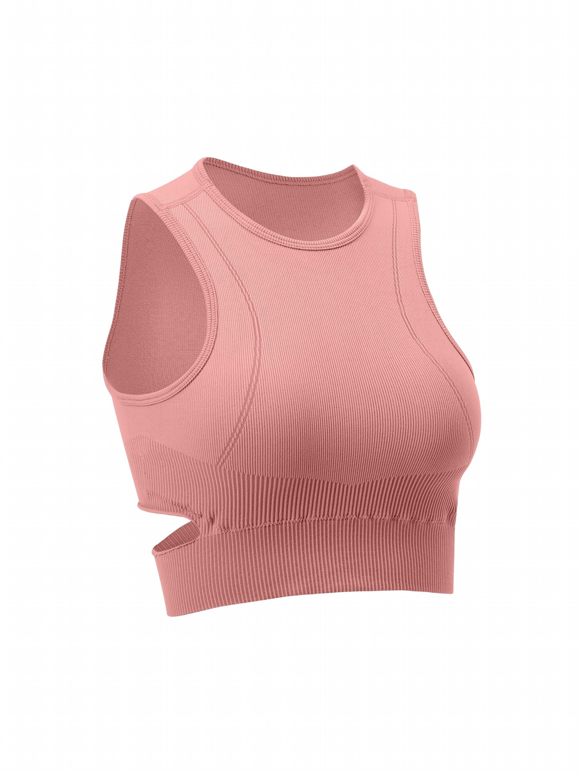 Solid Ribbed Cut Out Round Neck Yoga Workout Bra With Removable Pads