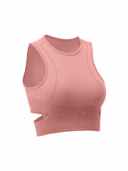 Solid Ribbed Cut Out Round Neck Yoga Workout Bra With Removable Pads