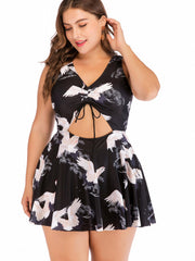 Crane Print Cut Out One Piece Swimsuit