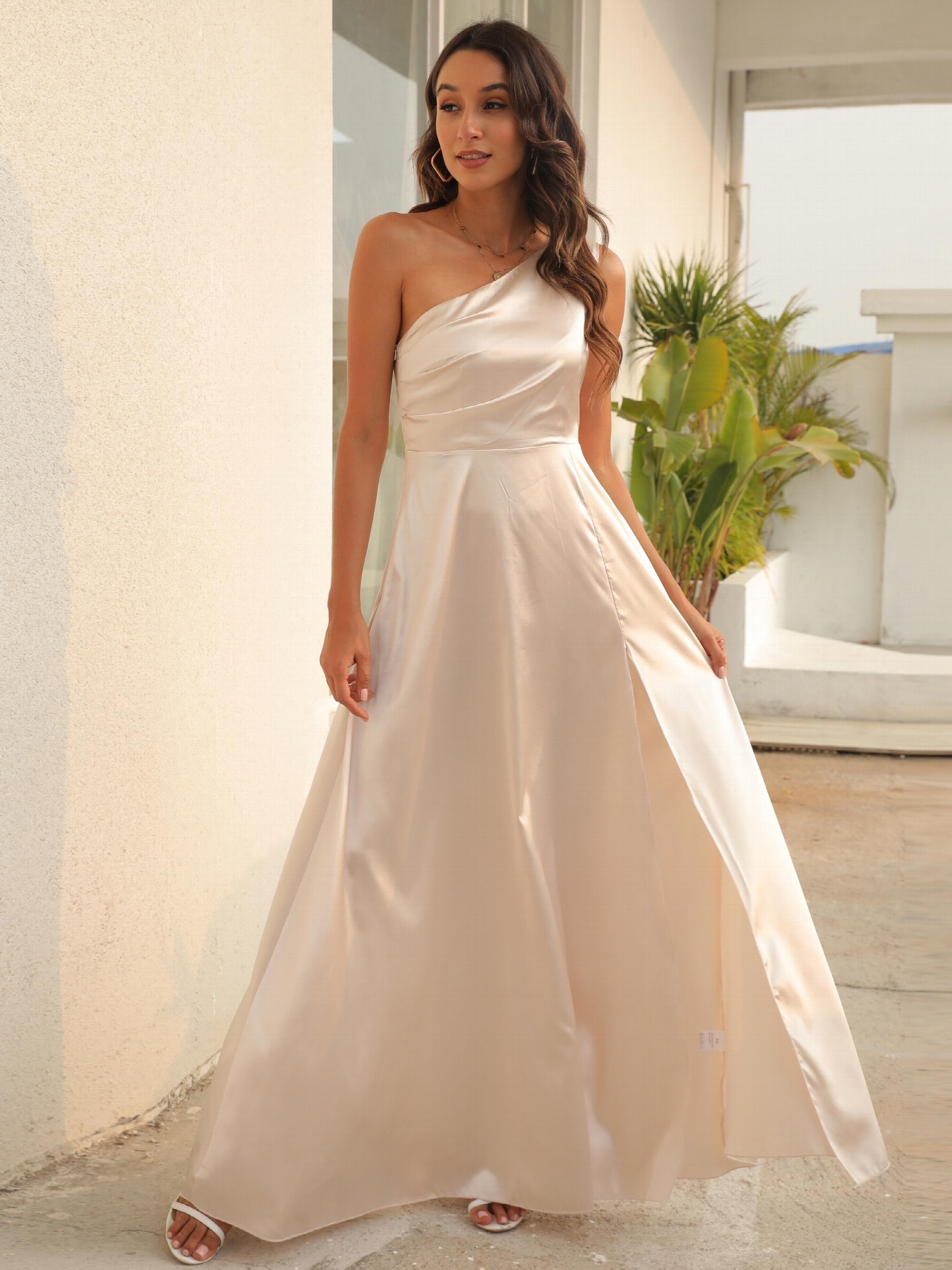 One Shoulder Split Bridesmaid Prom Dress Solid Guest Evening Gown