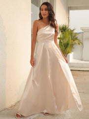 One Shoulder Split Bridesmaid Prom Dress Solid Guest Evening Gown