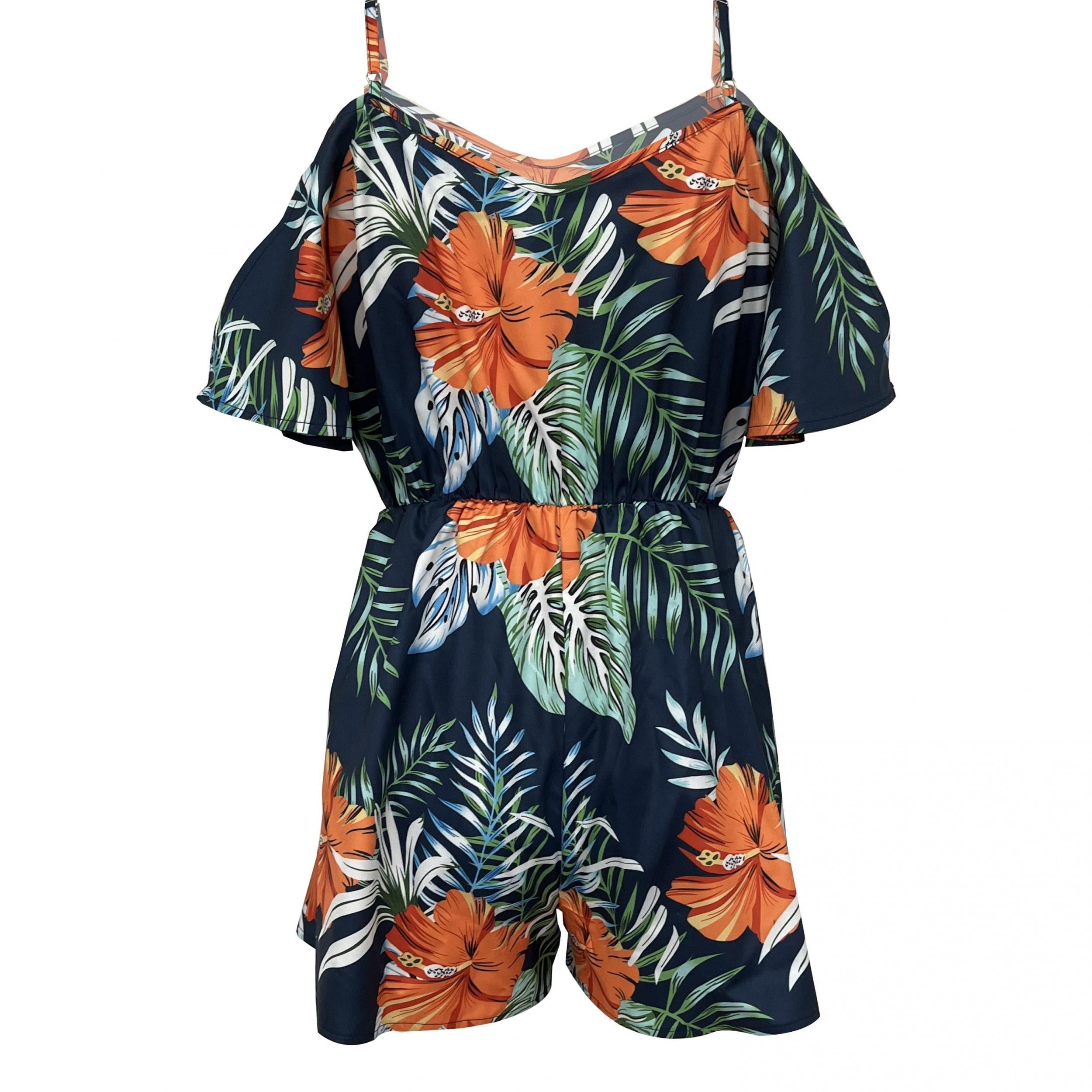 Tropical Print Romper Jumpsuit Cold Shoulder Beach Wear