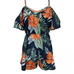 Tropical Print Romper Jumpsuit Cold Shoulder Beach Wear