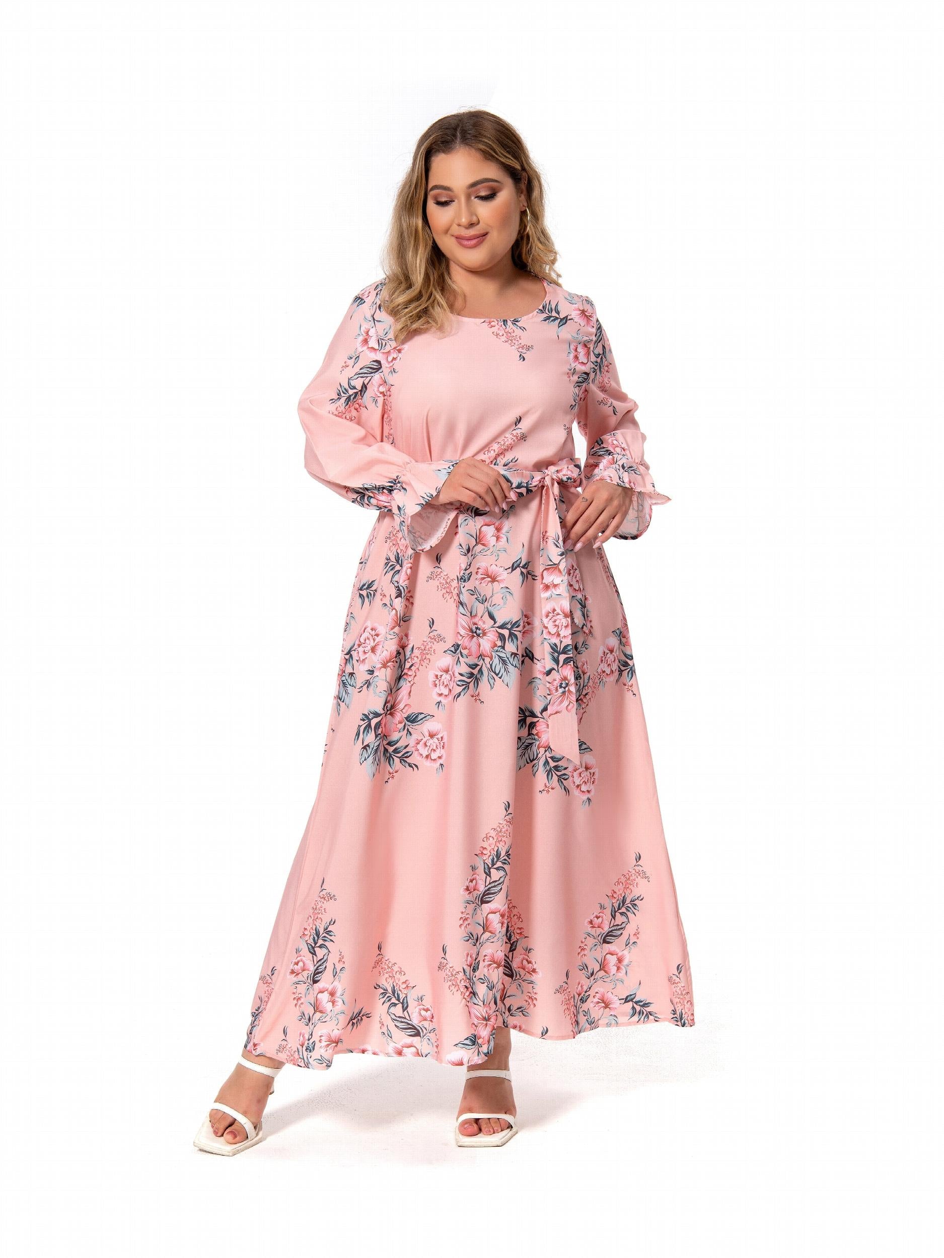 Floral Print Ruffle Trim Long Sleeve Dress With Belt