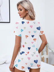 Heart Print Pajamas Set Short Sleeve Crew Neck Top & Shorts Women's Sleepwear