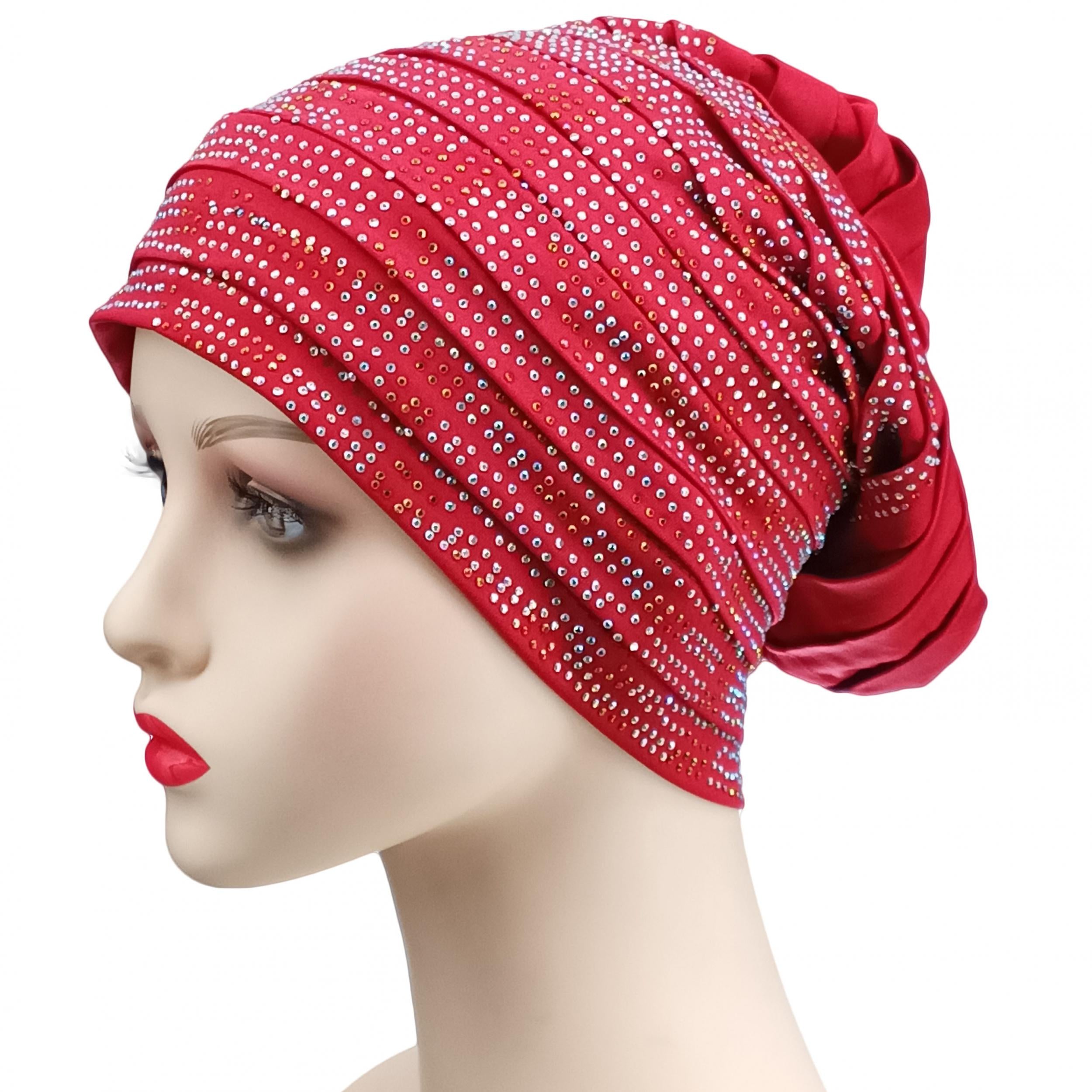 Pleated Turban Cap Rhinestone Beanie Elastic Head Wrap Bonnet
