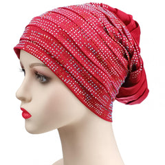 Pleated Turban Cap Rhinestone Beanie Elastic Head Wrap Bonnet