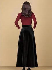 Solid Velvet Elastic High Rise Swing Maxi Skirt