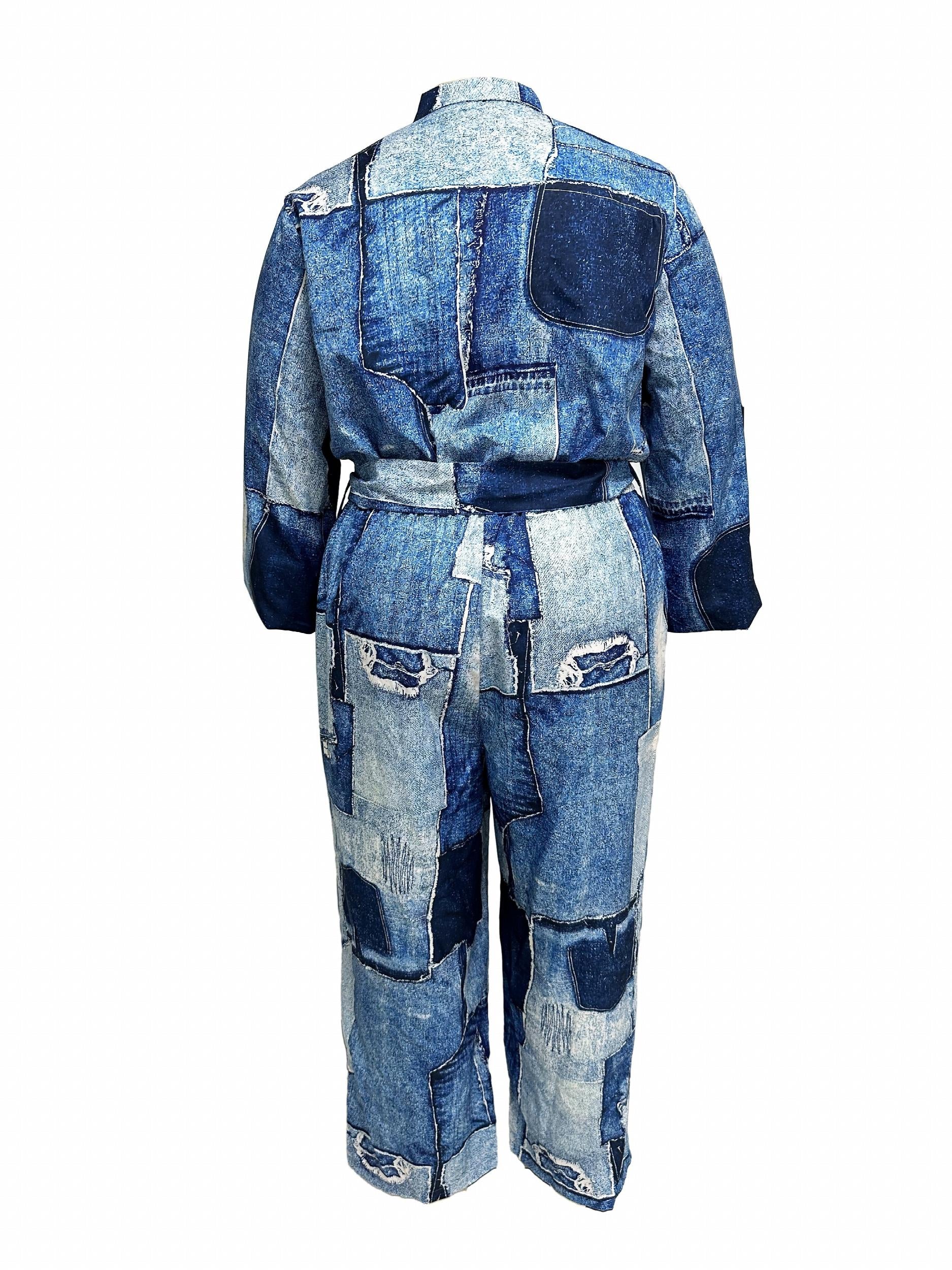 Denim Print Button Up Long Sleeve Wide Leg Jumpsuit